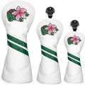 Premium PU Leather Driver Cover, Fairway Wood & Hybrid Covers for Men - Hibiscus Flower Embroidered Golf Head Covers for Woods and Driver -1pc or Set White Golf Club Covers