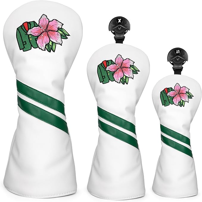 Premium PU Leather Driver Cover, Fairway Wood & Hybrid Covers for Men - Hibiscus Flower Embroidered Golf Head Covers for Woods and Driver -1pc or Set White Golf Club Covers