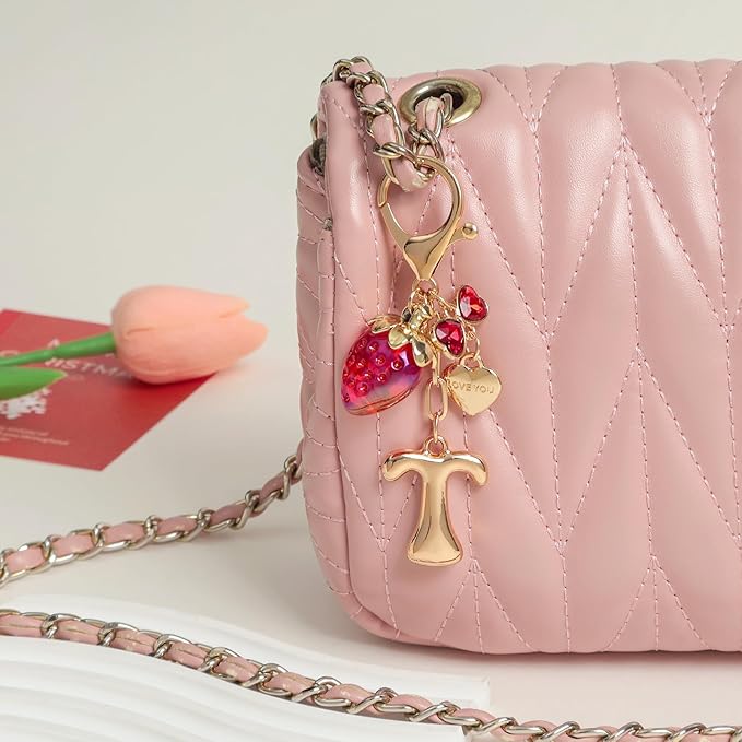 Snycler Bubble Initial Keychain with Strawberry & Bow- Gold Letter Bag Charms for Women, Cute Purse Handbag Accessories