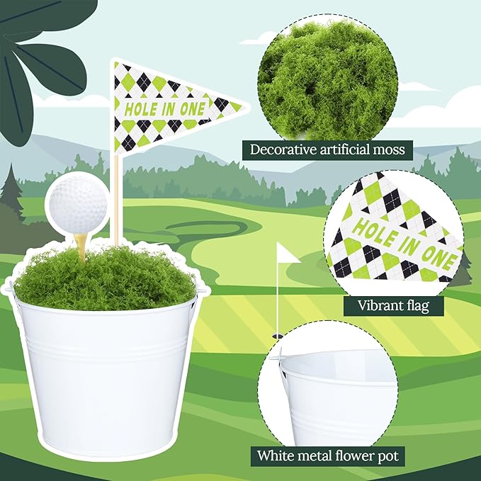 6 Set Golf Party Table Decorations Kit Party Supplies Includes Mini Golf Iron Bucket White Artificial Moss Lawn Flag Centerpiece Wooden Peg for Birthday Sport Themed Desk Rugby Favor(Round)