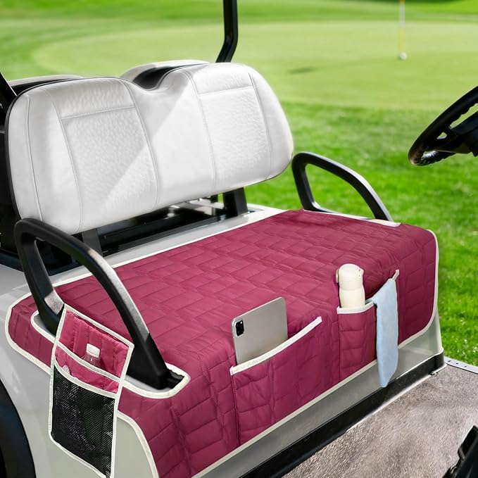 Golf Cart Seat Cover, Universal Bench Seat Cover with Storage Pockets, Non-Slip Seat Protector for Golf Cart, Fits EZGO Club Car Yamaha, Easy Install