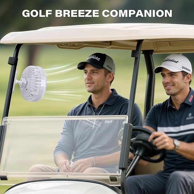 A2C Golf Cart Fan Rechargeable Magnetic Base Battery Operated Portable Fan 3 Speeds 4000 RPM Strong Airflow Compatible with Yamaha, EZGO, Club Car - 360° Rotatable Golf Cart & Cruise Ship Accessories