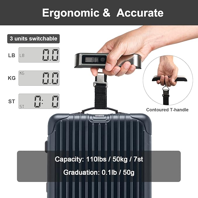 travel inspira Luggage Scale, Portable Digital Hanging Baggage Scale for Travel, Suitcase Weight Scale with Rubber Paint, 110 Pounds, Battery Included