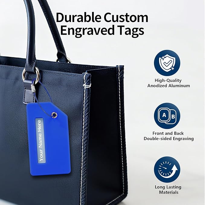 Personalized Luggage Tags for Suitcases, Custom Metal Luggage Tag for Bag with Silicone Sleeves, Durable Travel Tags, Laser Engrave Name Text, Gift for Travelers, 3.5x2 Inches (Black)