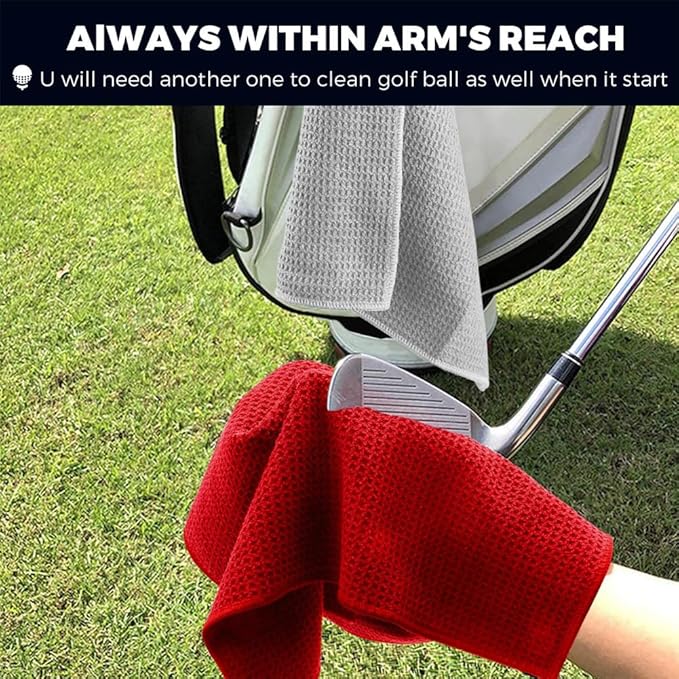 Golf Towels, Golf Towel and Brush Set, with Microfiber Waffle Design Golf Towel 16" X 24" with Hook and Loop Fastenerl and Retractable Zip-line Golf Club Brush (Red)