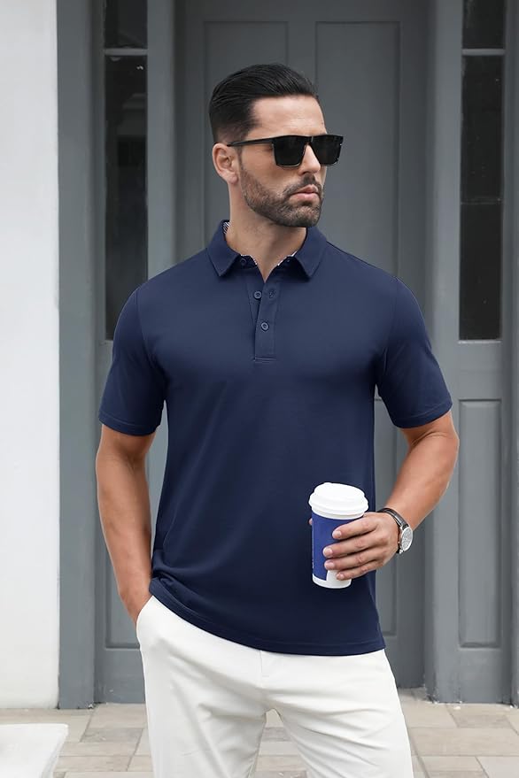 MAGCOMSEN Men's Polo Shirts Short Sleeve Cotton Pique 3 Button Classic Fit Casual T-Shirt Performance Golf Shirts