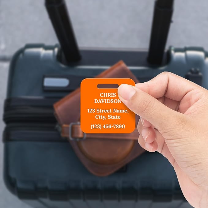 Custom Luggage Tags, Personalized Name Address for Suitcases,Backpack, Handbag, Travel Equipment Tag, 2x2 Inches, Acrylic Heavy Duty Made in The USA by My Sign Center-Orange
