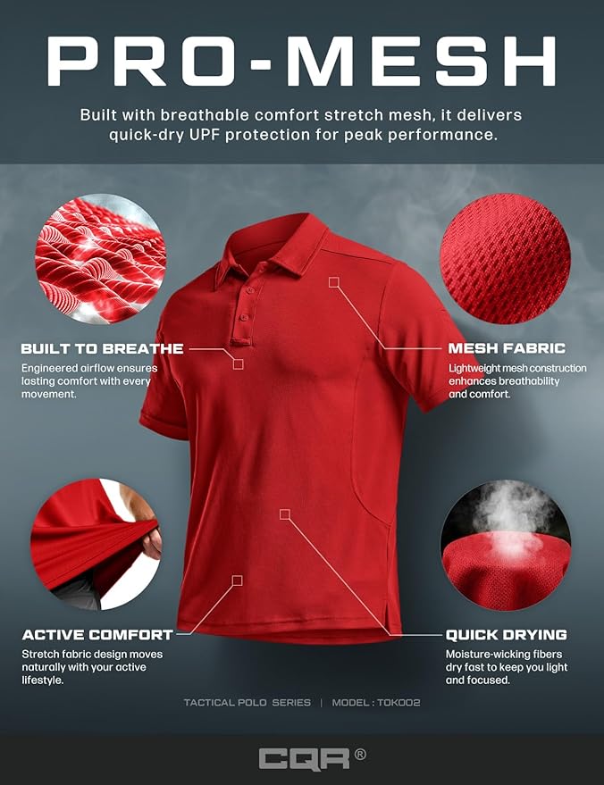 CQR Men's Polo Shirts, Tactical Short Sleeve Golf Performance Shirts, Lightweight Dry Fit UPF 50+ Pique