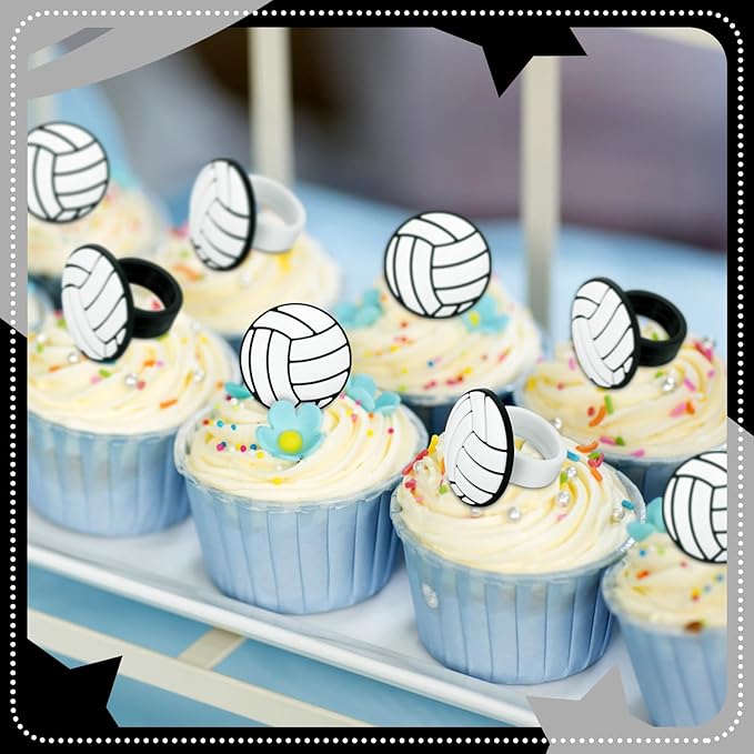 Honeydak 48 Pcs Black Volleyball Cupcake Rings Toppers Decoration Sport Ball Theme Cupcake Picks Cake Decoration for Sport Baby Shower Birthday Party Cake Supplies