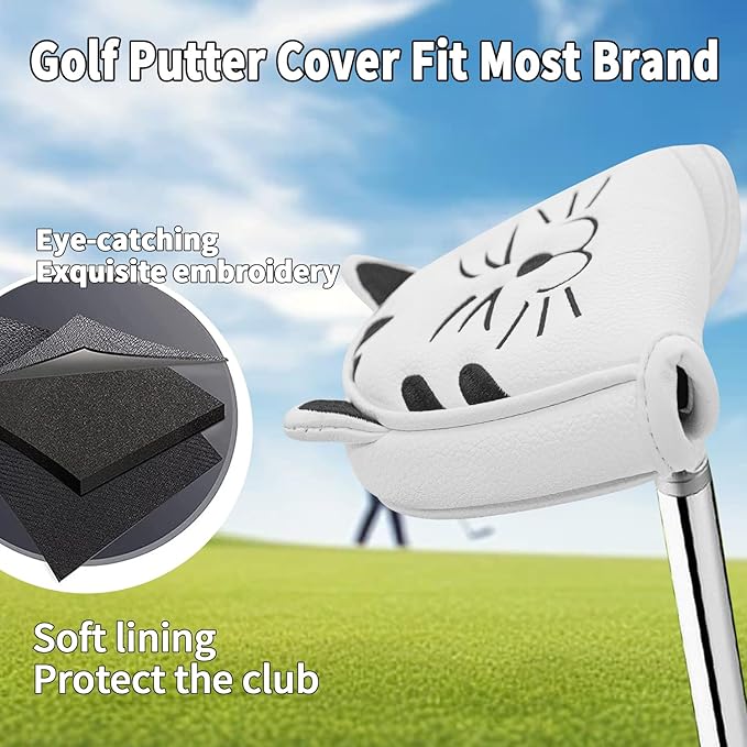 Golf Kitty Head Cover Golf Club White Leather Headcovers 1pc/4pcs Set Fits Driver Fairway Wood Hybrid Utility Putter Iron Wedge Headcover.