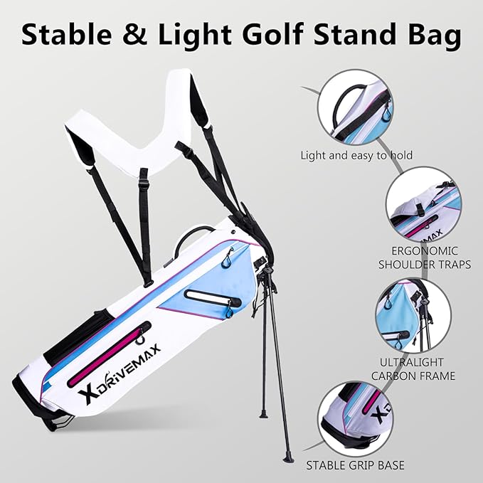 Golf Stand Bag, Lightweight Golf Bag with Stable Stand,Compact Design Featuring Easy-Carry Shoulder Straps, 4-Way Top, Essential Storage Pockets