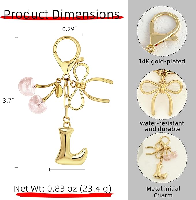 Gold Bubble Heart, Cherry, Bow & More Designs Letter Initial Keychain Bag Charms – Cute Purse Charms for Handbags