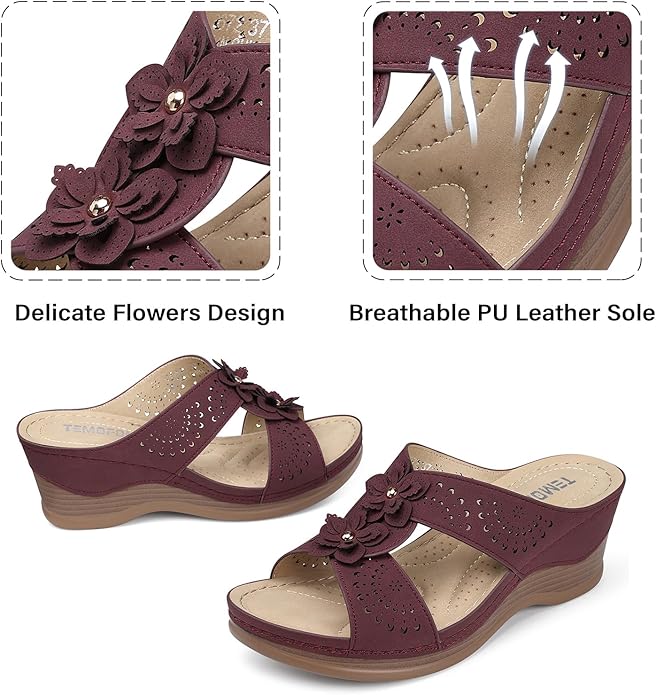 TEMOFON Womens Wedge Sandals Leather: Dressy Sandal, Rubber Sole, Comfortable Walking, Casual Slip on Summer Shoes, Size 5-11