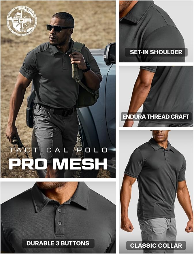 CQR Men's Polo Shirts, Tactical Short Sleeve Golf Performance Shirts, Lightweight Dry Fit UPF 50+ Pique