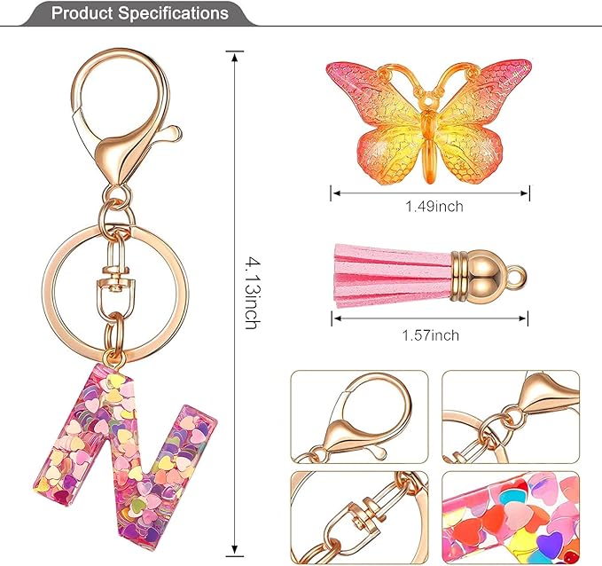 JINGUAZI Initial letter Keychains for Women Tassel Butterfly Pink Purple Cute Car Keychain for Wallet Backpack bag charm