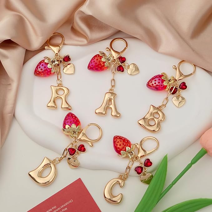 Snycler Bubble Initial Keychain with Strawberry & Bow- Gold Letter Bag Charms for Women, Cute Purse Handbag Accessories