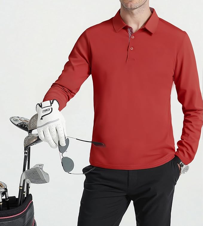 Alex Vando Mens Golf Shirt Moisture Wicking Quick-Dry Solid Long Sleeve Polo Shirts for Men