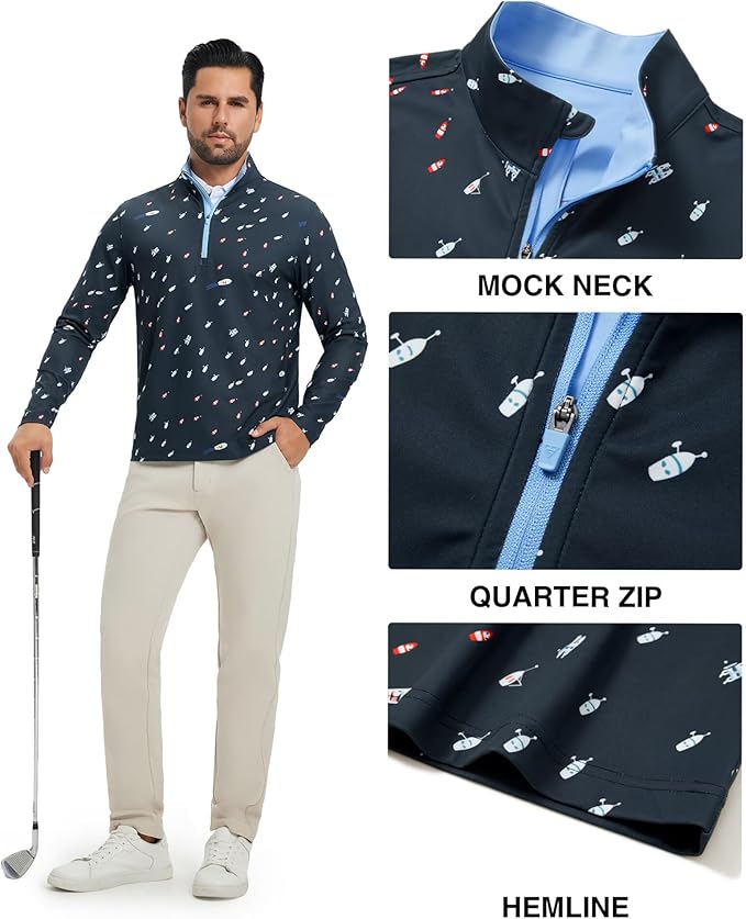 M MAELREG Quarter Zip Golf Pullover Men Dry Fit Long Sleeve Performance Wicking 1/4 Zip Full Print Pullover Mens Sweatshirt