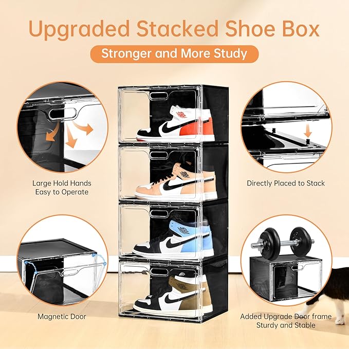 New 8 Pack Shoe Boxes Stackable, Large Shoe Storage Organizer with Lids,Drop Side Shoe Containers for Entryway,Sneaker Storage Fit up to US Size 13 for Men/Women(13’’x 10.6”x 8.3”)