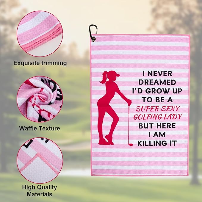 Women Golf Towel for Balls & Clubs with Clip,Pink Funny Cleaning Towel,Golf Accessories Golf Gifts for Ladies Grandma Mom Sister Golfer Lover Valentines Day.I'd Grow Up to Be A Super Sexy Golfing Lady