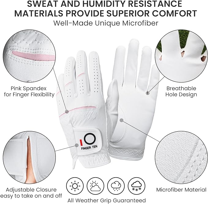 FINGER TEN Golf Gloves Womens Ladies 1 Pack Glove Left Hand for Right Handed Golfer, Wet Hot Cool Rain Grip Weathersof All Weather, Fit Small Medium Large XL