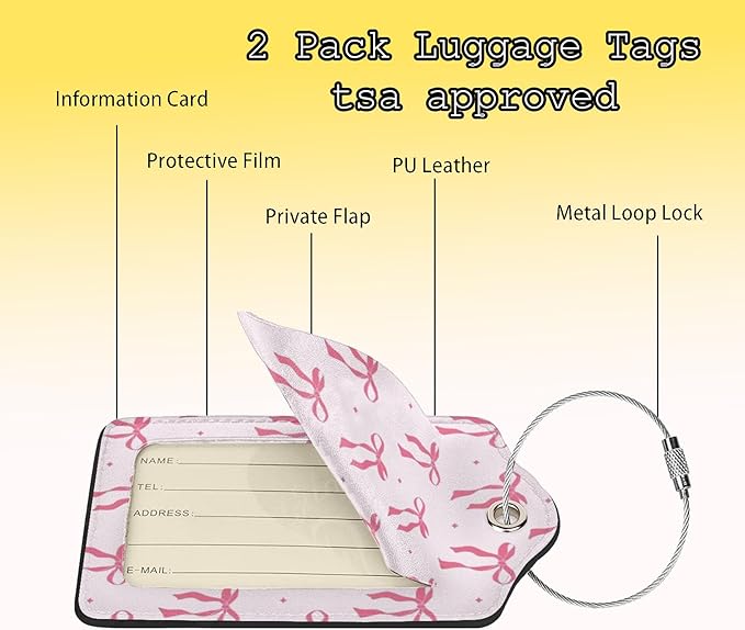 2pcs Leather Pink Bow Luggage Tags Trendy Watercolor Pink Bow Tie Identification Tags for Suitcase, Aesthetic Preppy Identify Labels Travel Tags for Backpack Suitcase