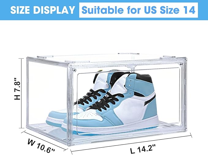 HIYOHIYO Acrylic Clear Shoe Storage Boxes Stackable for High-end Sports Shoes 360° Fully Transparent Display Box with Magnetic Door Suitable for Ankle Boots High Heels Size 14 (1-Pack)
