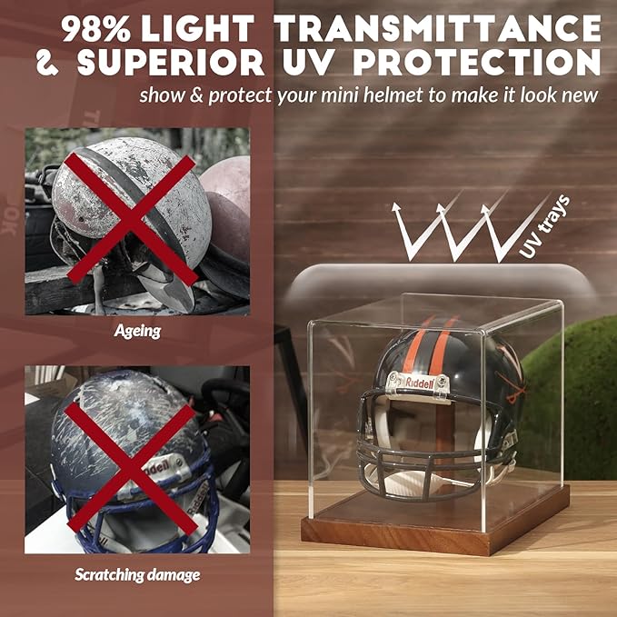 JupDec Mini Helmet Display Case, Acrylic Clear 1/2 Football Helmet Showcase, UV Protection Souvenirs and Collectibles Box with Solid Wood Base & Riser, Ideal Gift for Sports Enthusiast, 2 Pack
