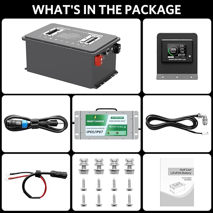 48V 105Ah Lithium Golf Cart Battery, 6000+ Cycles LiFePO4 Battery with 20A Charger, Built-in 250A BMS, 5.37kWh Capacity, Touch Monitor & APP, Peak Current 1000A(3-5s), Low-Temp Protection, Metal Case