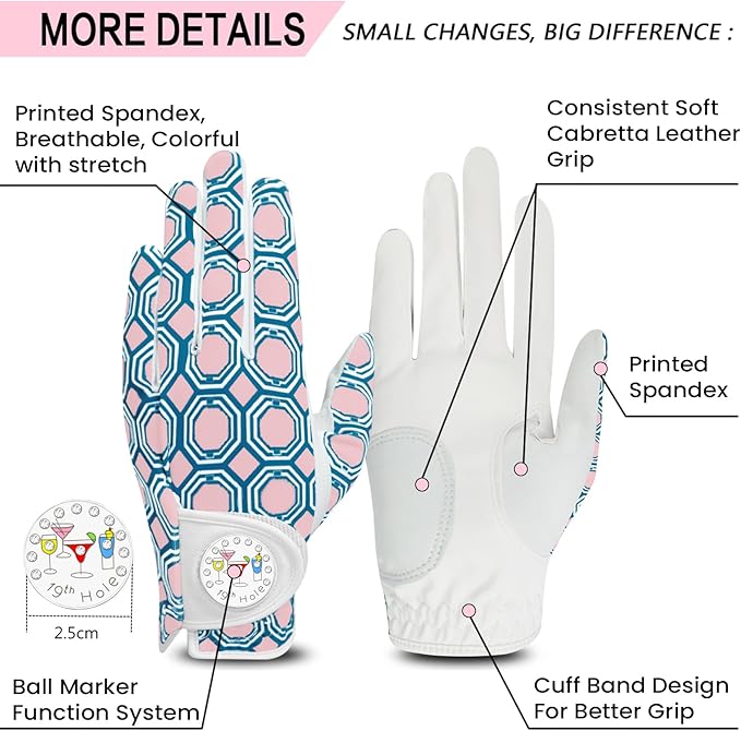 Golf Gloves Women with Ball Marker 2 Pack, Right Handed Golfer Left Hand, Ladies Breathable Soft All Weather Grip Glove Fit Size Small Medium Large XL
