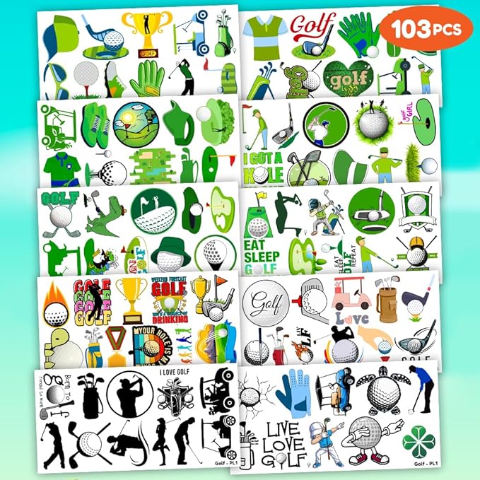 103 PCS Golf Ball Club Temporary Tattoos Themed Birthday Party Decorations Favors Supplies Decor Cute Sports Par-Tee Time Tattoo Stickers Gifts For Boys Girls Class Prizes Rewards Cartoon