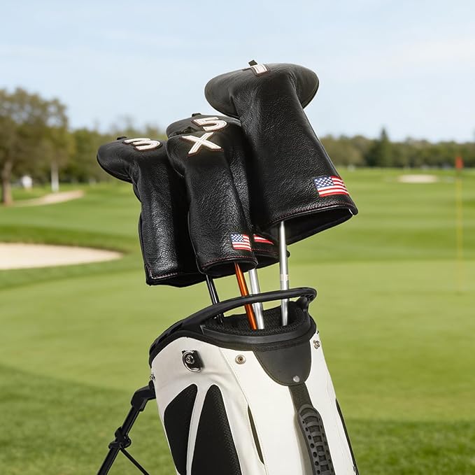 Golf Head Covers, American Flag Patriotism Golf Club Cover for Woods and Driver, Fairway, Hybrid - Premium Leather Golf Club Head Covers with Interchangeable Tags