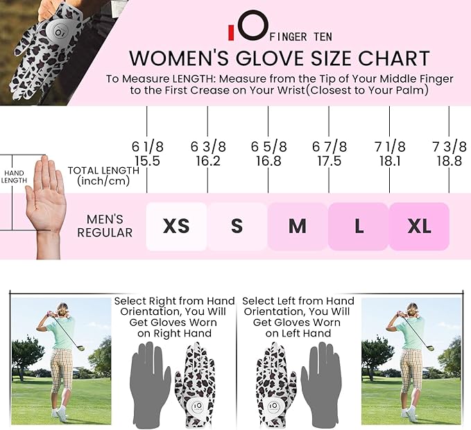 FINGER TEN Stylish Golf Gloves Women with Ball Marker 1 Pack for Left or Right Hand, Breathable Glove with Fashion Patterns for Ladies Right Left Handed Golfer