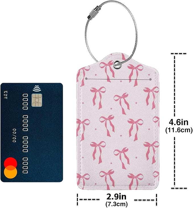 2pcs Leather Pink Bow Luggage Tags Trendy Watercolor Pink Bow Tie Identification Tags for Suitcase, Aesthetic Preppy Identify Labels Travel Tags for Backpack Suitcase
