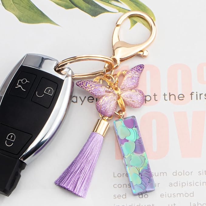 Suweibuke Colourful Cute Initial Letter Keychains for Women Girls with Tassel Butterfly, Charm for Purse Handbags Backpacks