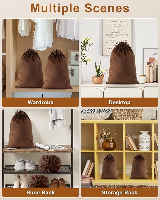FantasyLife Shoe Bags for Travel, Washable Dust Bags for Storage & Packing, Flannel Shoe Pouch with Drawstring Closure for Purses, Handbags, Shoes & Toys (2, Mocha Mousse)