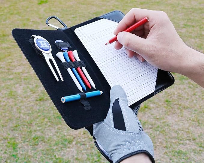 Handy Picks Golf Scorecard Holder n Yardage Book Cover in Genuine Leather - Divot Repair Tool, Ball Marker, Golf Tees, Pencil n Scorecards, Scorer Included, Gift for Golfers