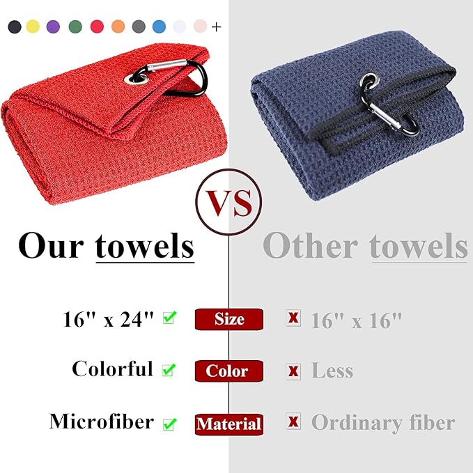 VIVIDLY 2 Pack Tri-fold Golf Towels, Premium Microfiber Fabric Waffle Pattern with Black Heavy Duty Carabiner Clip, Red Golf Towels for Golf Bags for Men (Red)