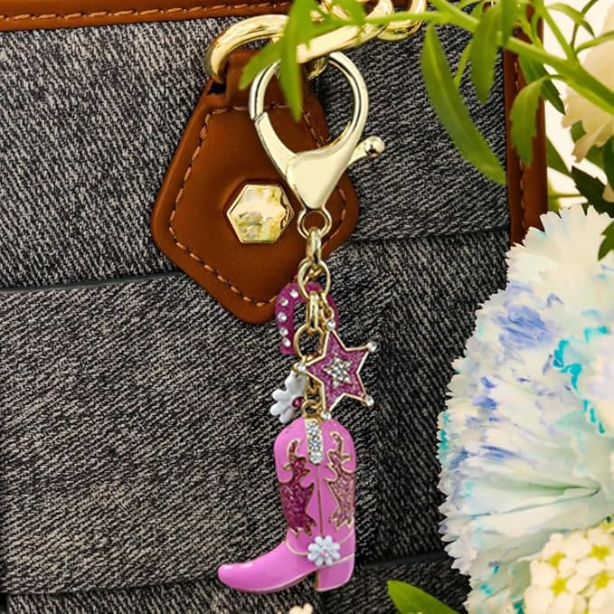 Madison Tyler Western Cowboy Boots Cherry Bow Bubble Tea Strawberry Cute Keychain | Bag Charms for Handbags Purse Charms