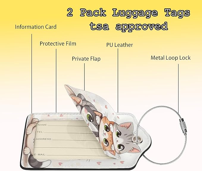 TSA Approved Luggage Tags for Suitcases Cute cat 2 Pack Funny Leather Carnival Cruise Airport Cute Travel Name Tags Golf Bag tag Ships Essentials Privacy Cover ID Label for Women Men