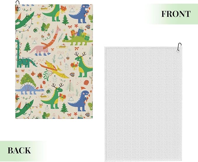 Christmas Cartoon Dinosaur Golf Towel Waffle Microfiber with Hook Detachable Clip 24x16in