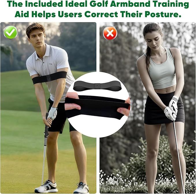 Retractable Golf Swing Training Aid - Portable Grip Trainer with Click Feedback for Right Handed Golfers, Portable Swing Tempo Trainer with Arm Band for Indoor & Outdoor Practice