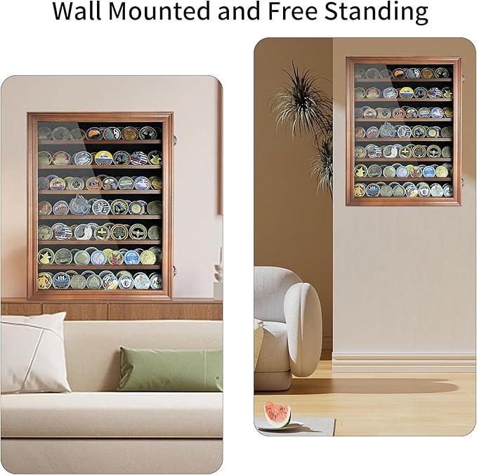 7 Rows Challenge Coin Display Case - Holds 100 Coins, Solid Wood Military Coin Holder Cabinet with HD Tempered Glass, Wall-Mountable Shadow Box for Collectibles, Medals, Casino Chips, Walnut