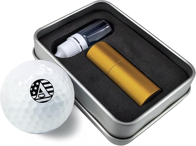 Custom Golf Ball Marker Stamp with TiteSeal™ Technology Bundle - Metallic Box with Golf Ball Stamp + Refill Ink Bottle - Gold Case