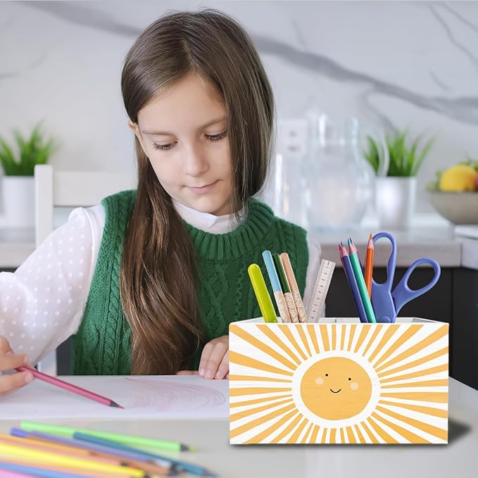 Boho Sunshine Pen Holder for Desk, Boho Classroom Decor Pencil Organizer, Cute Orange Yellow Sun Wooden Box Sign Desk Decor for Kids Room Nursery Playroom Classroom Decoration