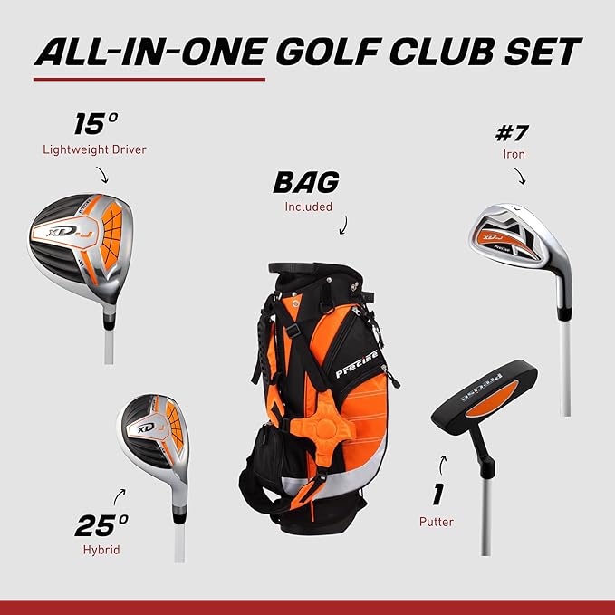 Precise XD-J Kids Golf Clubs Set – Boys’ & Girls’ Junior Golf Set with Lightweight Graphite Shafts, Hybrid, Putter & Stand Bag