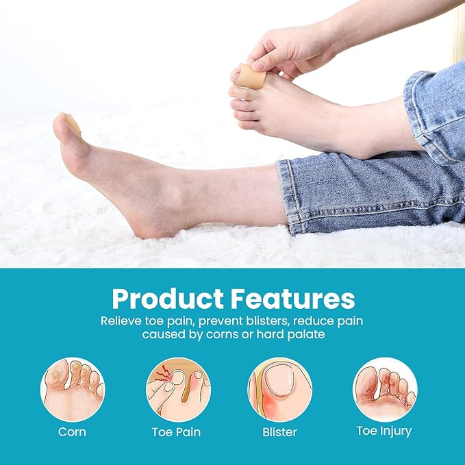 Povihome Toe Sleeves, Toe Protectors, 12 Pack Toe Tube Pads for Hammer Toe,Stubbed Toe,Corns, Calluses Protect (Large Size, Beige)