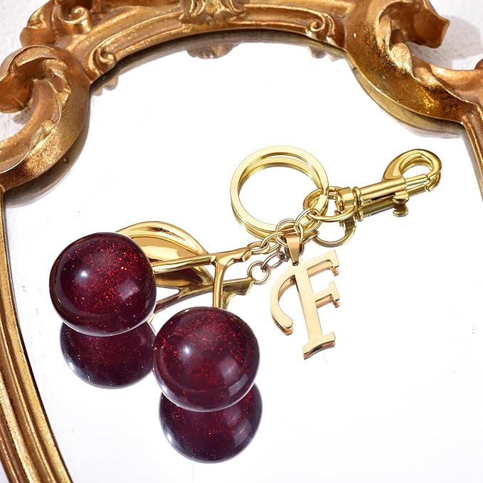SYNLIN Cherry Keychain with Initial Charm,Personalized Cherry Bag Charm for Women,Alphabet Letter for Luxury Purse Backpack