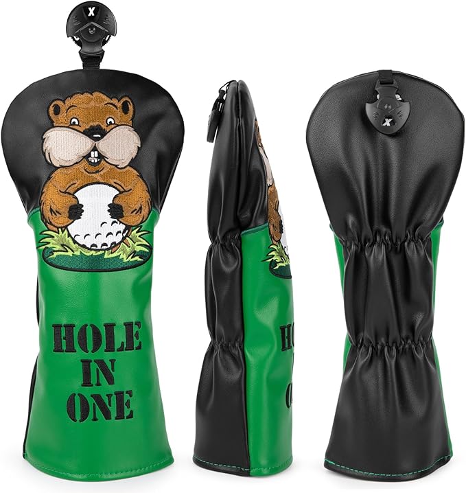 Golf Club Head Covers, Gopher Style Embroidery Golf Club Covers for Woods and Driver Fairway Hybrid, PU Leather Golf Head Covers for Men Women with Interchangeable Tags, Fits Most Golf Clubs