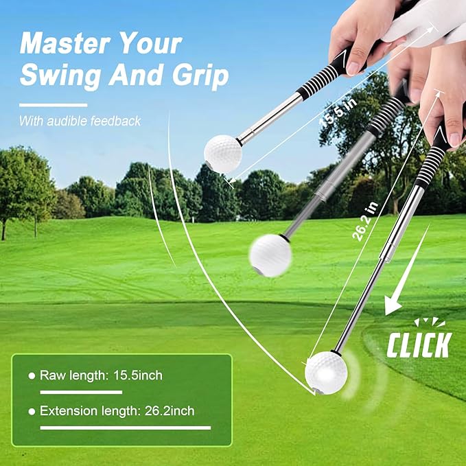 Retractable Golf Swing Trainer with Click Sound & Posture Correction Arm Band, Golf Grip Trainer for Right-Handed, Indoor & Outdoor Training Aid for Beginners to Pros